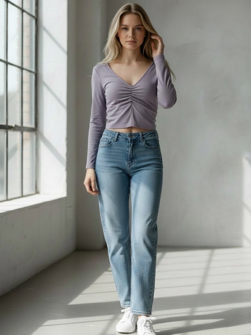 Le Ore Long Sleeve V-Neck Fitted Top L Purple